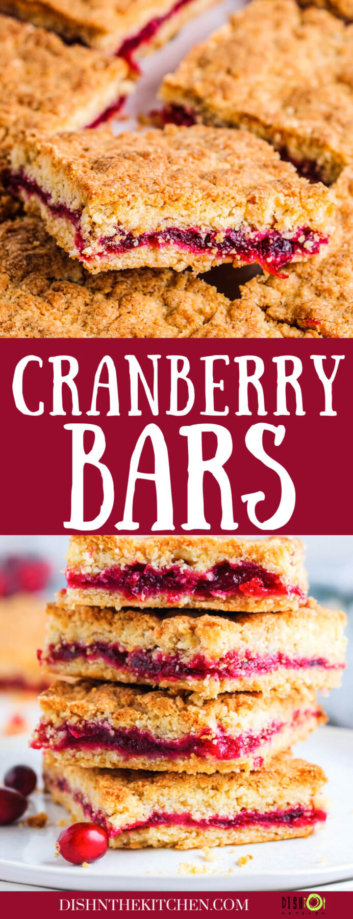 Pinterest image featuring stacks of layered Cranberry Bars on white platters.