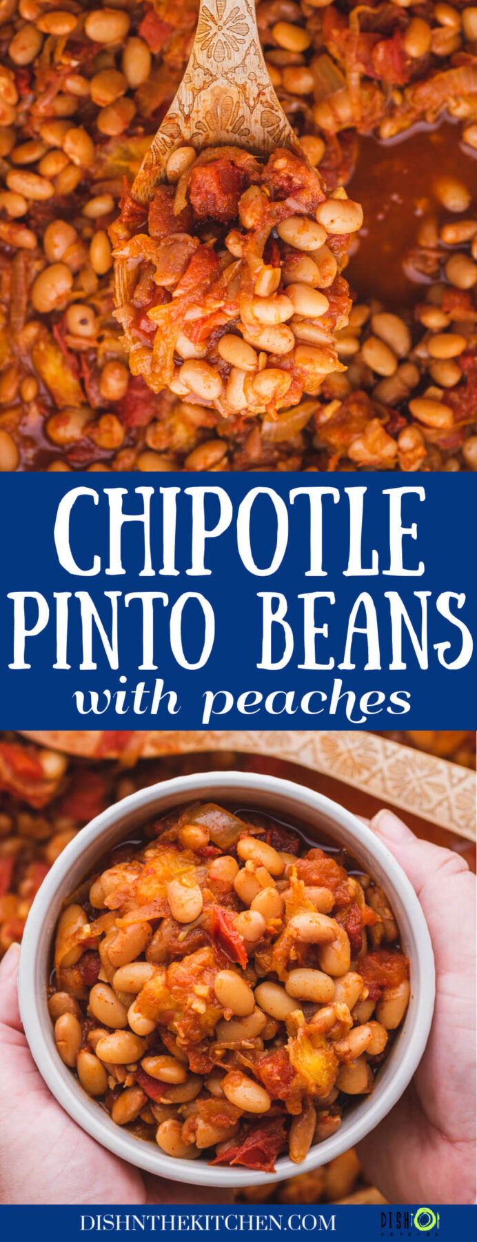 Pinterest image featuring a bowl and spoon full of chipotle pinto beans with peaches and tomatoes.
