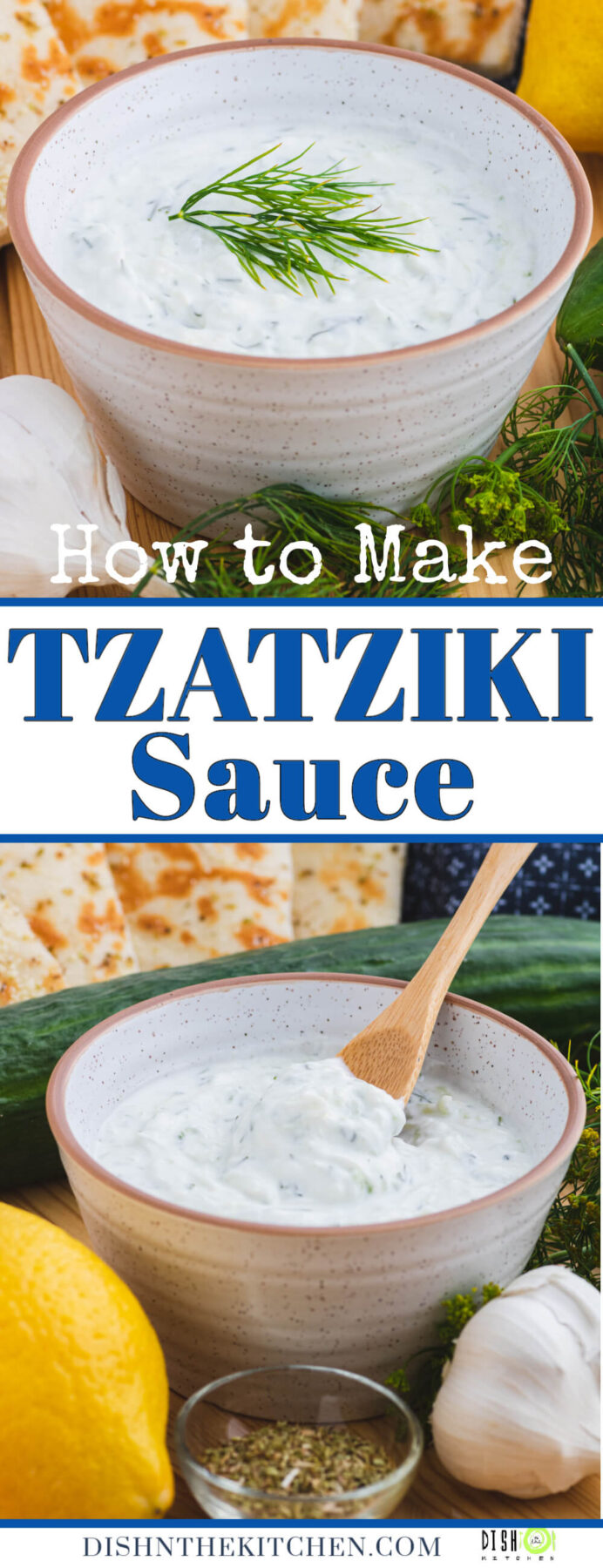 Pinterest image featuring a bowl of creamy white tzatziki sauce with dill surrounded by grilled pita bread. 