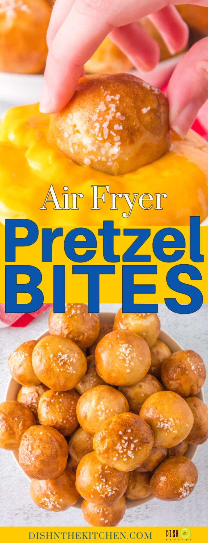Pinterest image featuring golden baked pretzel bites in a pile and in a yellow mustard dip.