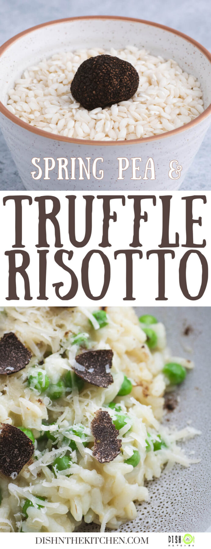 Pinterest image featuring a stone bowl containing creamy truffle risotto studded with green peas and sliced winter truffle.