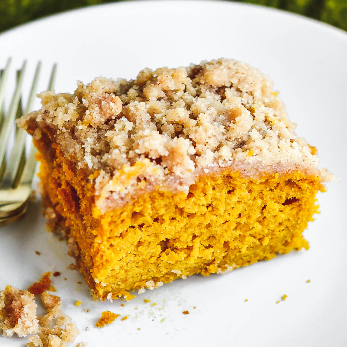 A square of fluffy orange pumpkin coffee cake topped with streusel on a white plate.