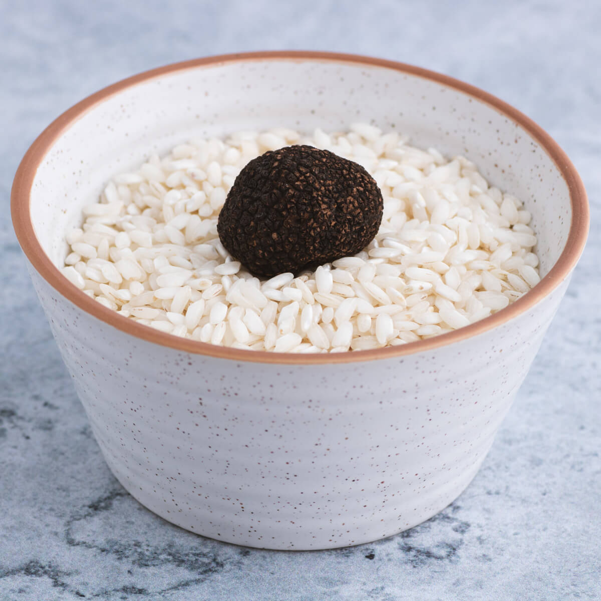 A small bowl containing arborio rice and a small winter truffle.