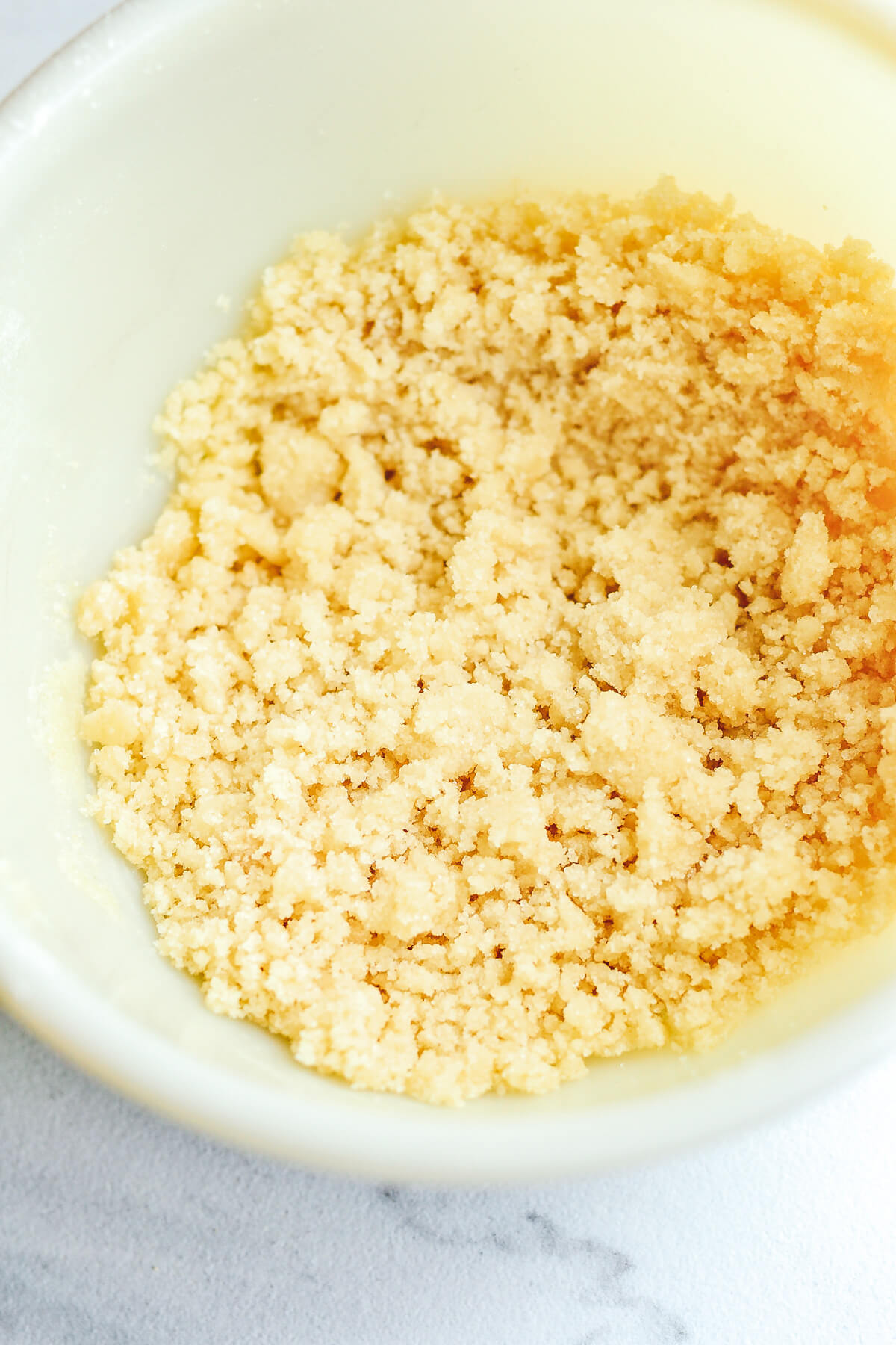 Coarse streusel topping in a mixing bowl.