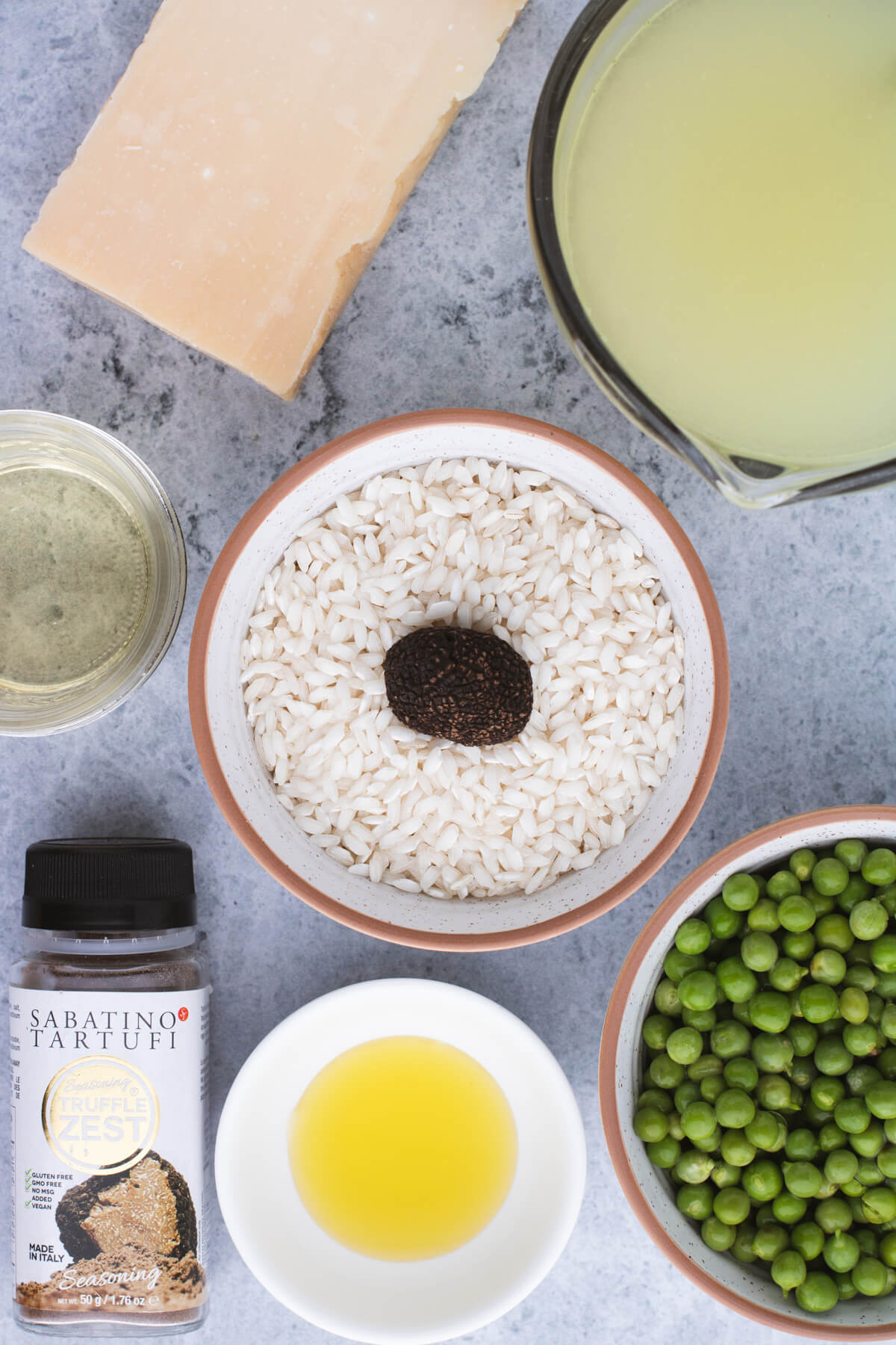 Ingredients required to make Spring Pea and Truffle Risotto.