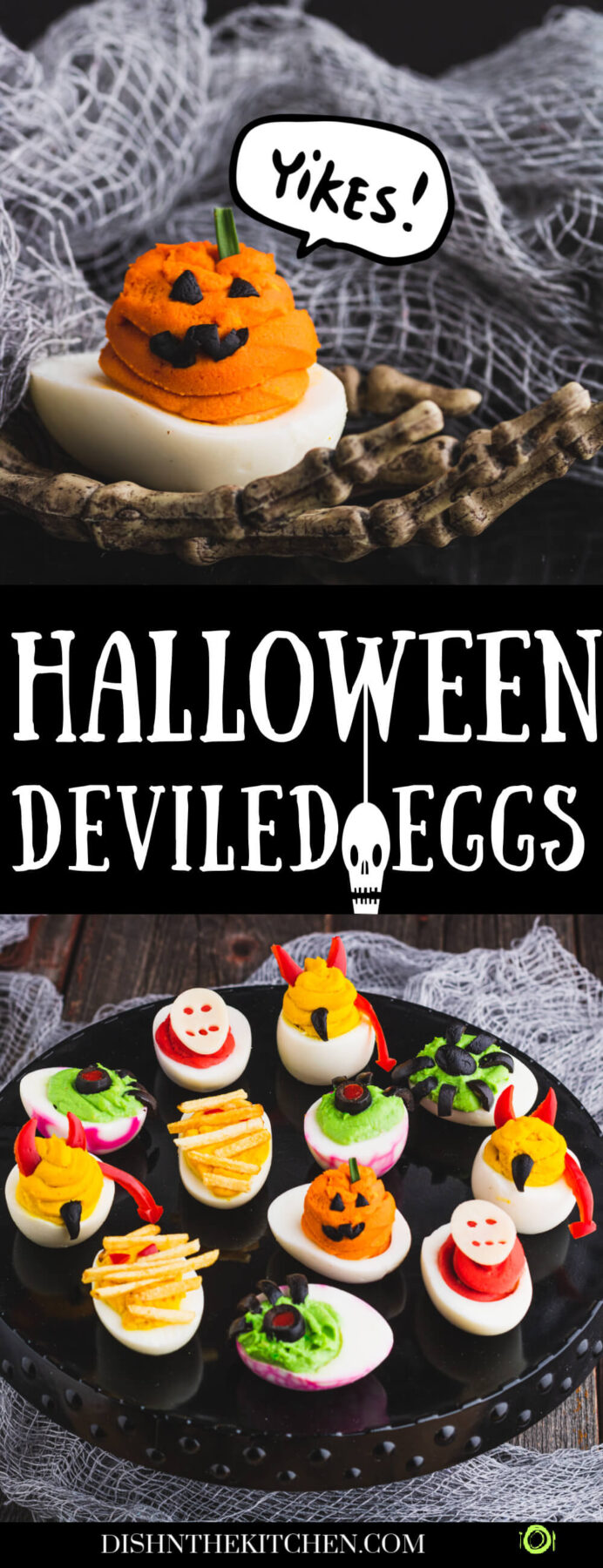 Pinterest image of a jack o lantern deviled egg over top a black platter holds an assortment of creepy Halloween deviled eggs.