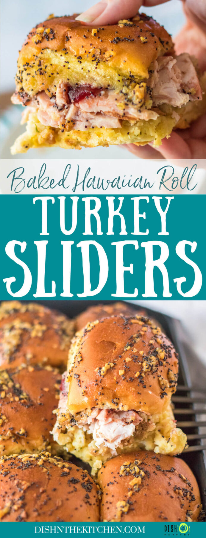Pinterest image featuring golden baked Hawaiian Roll Turkey Sliders.