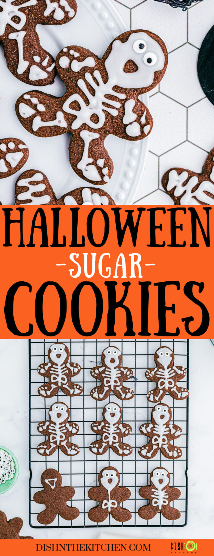 Pinterest image featuring chocolate Halloween Sugar Cookies decorated as mummies and skeletons.