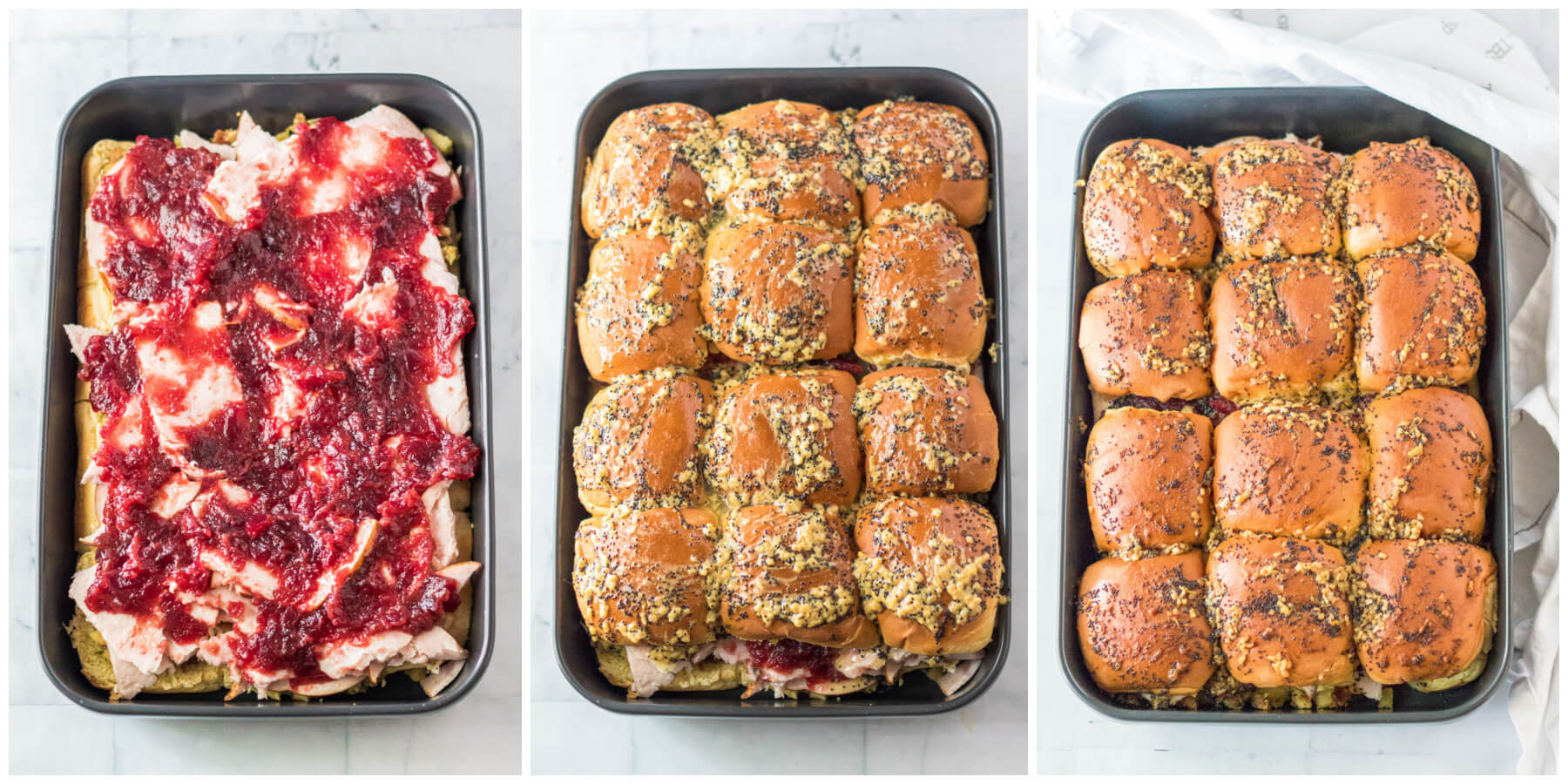 A series of three process photos showing how to build and bake turkey sliders.