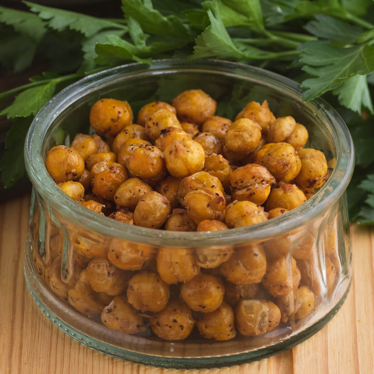 A bowl of golden roasted chickpeas.
