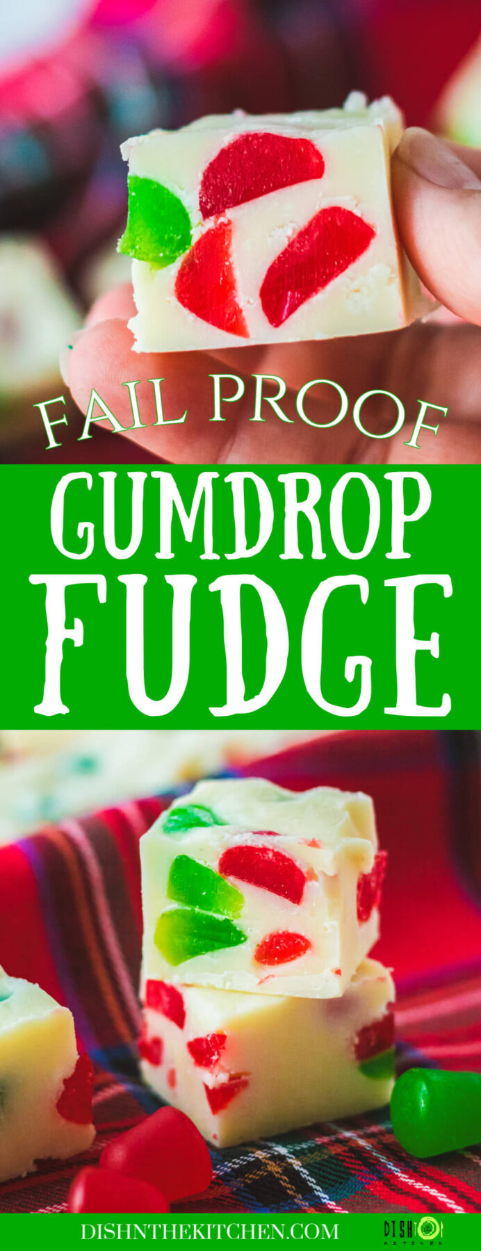Pinterest image of a hand holding a piece of Gumdrop fudge.