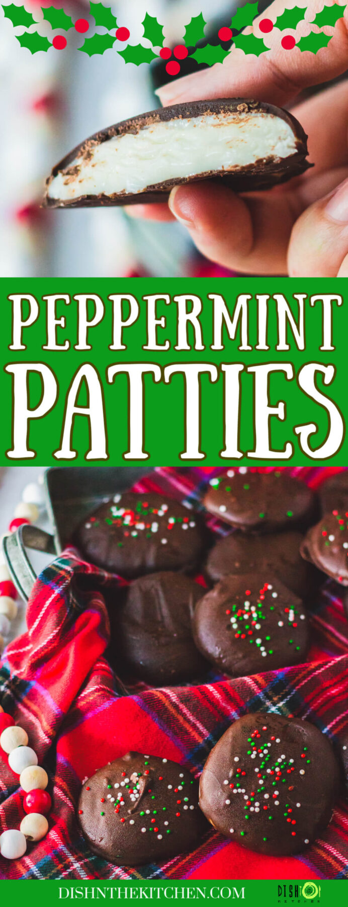Pinterest image of a group of dark chocolate coated peppermint patty candies on a plaid tablecloth.