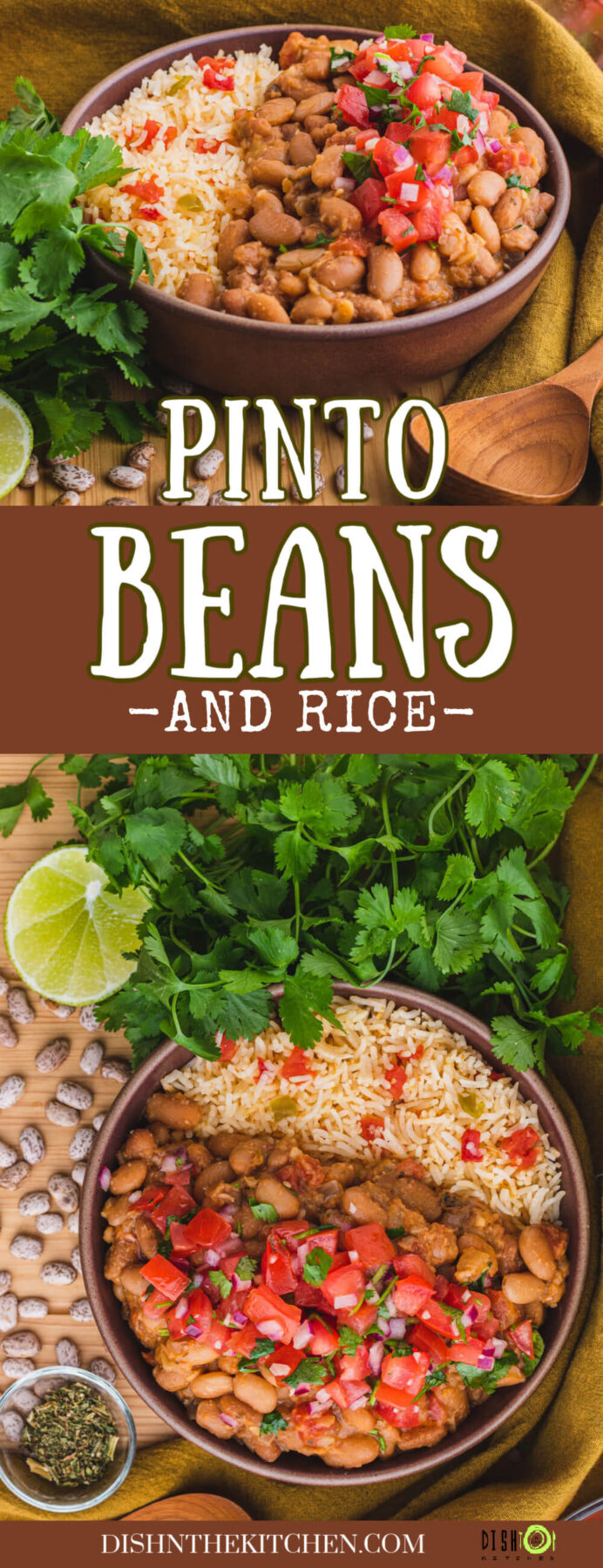 Pinterest image of a bowl of creamy Pinto Beans and Rice surrounded by cilantro, lime, and dried pinto beans.
