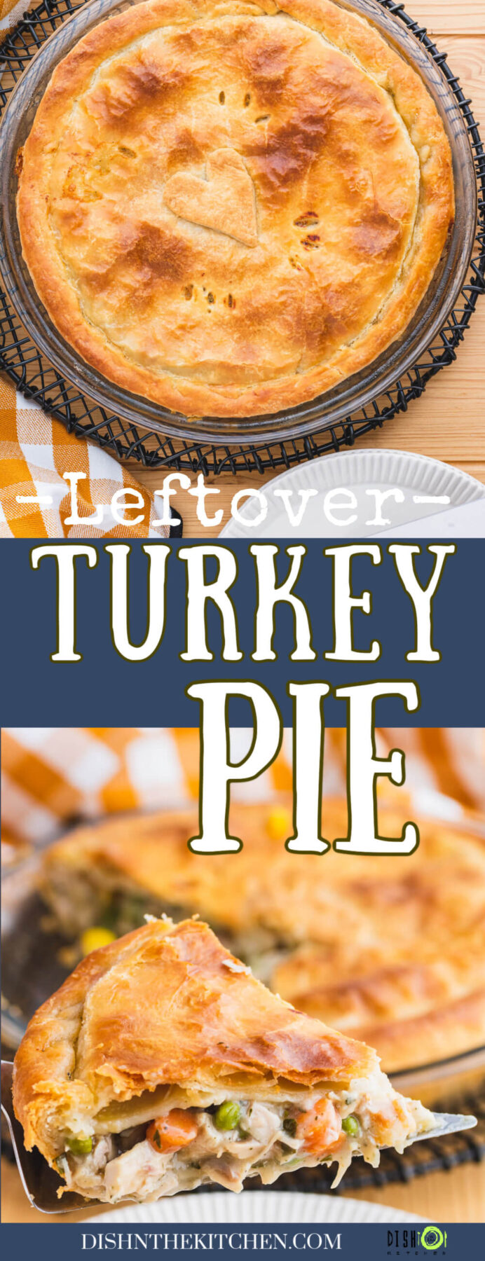 Pinterest image of a golden baked turkey pot pie and a slice of turkey pie.