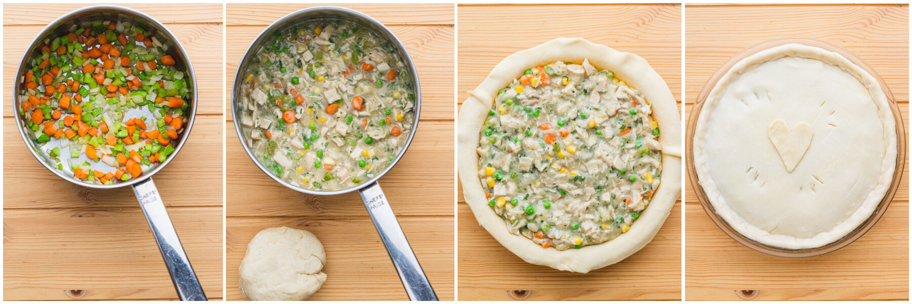 Process shots showing how to make filling and fill pastry with turkey vegetable filling.