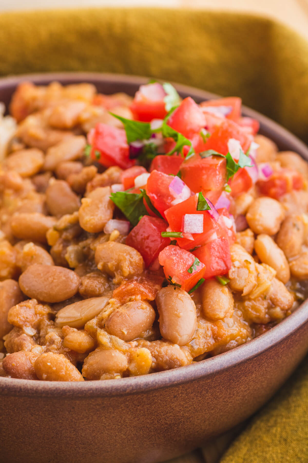 Close up Mexican style Pinto beans topped with pico de gallo.