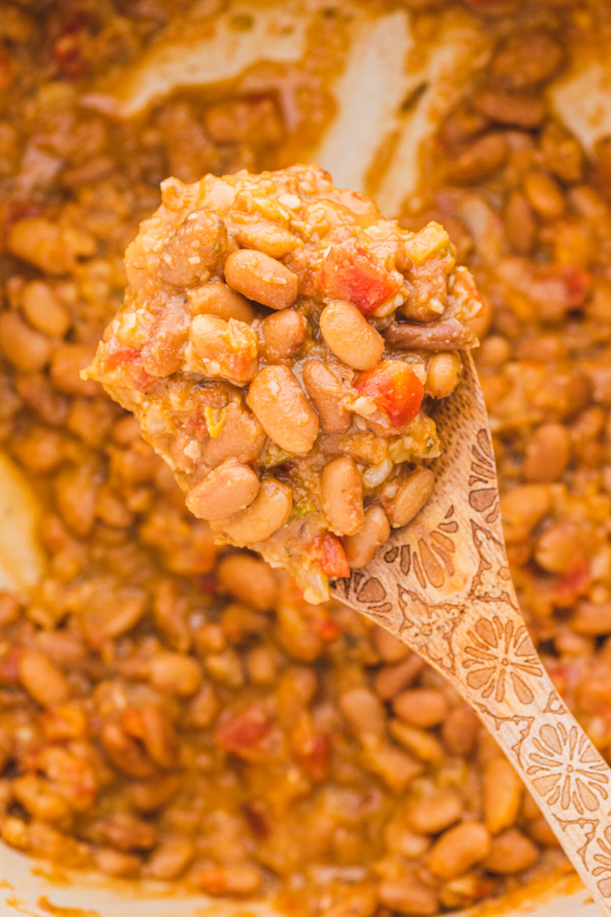 Cooked pinto beans on a wooden spoon.