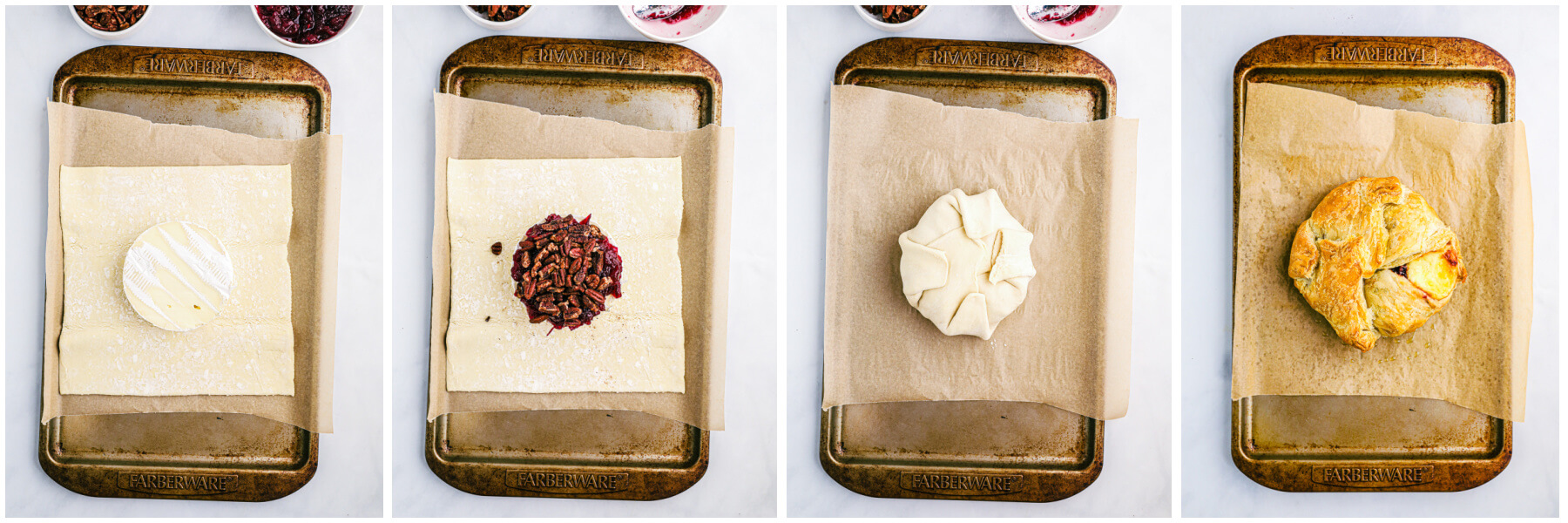 Process shots showing how to wrap a wheel of Brie cheese with puff pastry.