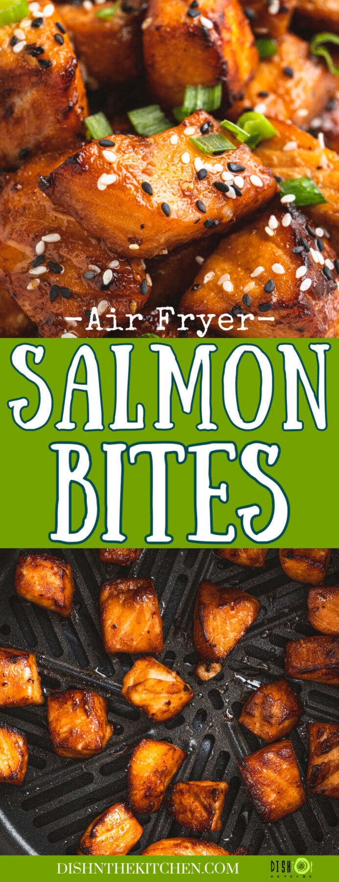 Pinterest image of teriyaki glazed air fryer salmon bites in a plate and in an air fryer.