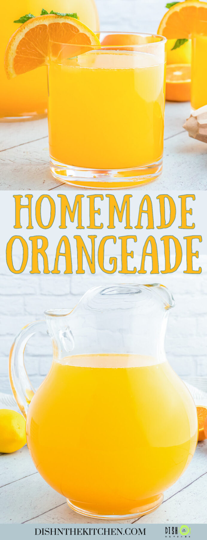 PInterest image of a pitcher and glass of bright homemade orangeade garnished with orange wheels and green sprigs of fresh mint.