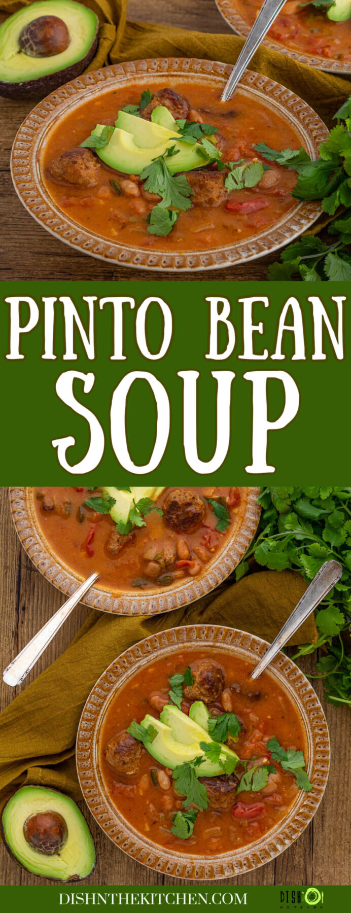 Pinterest image featuring inviting bowls of spicy Pinto Bean Soup garnished with sliced avocado and fresh cilantro.