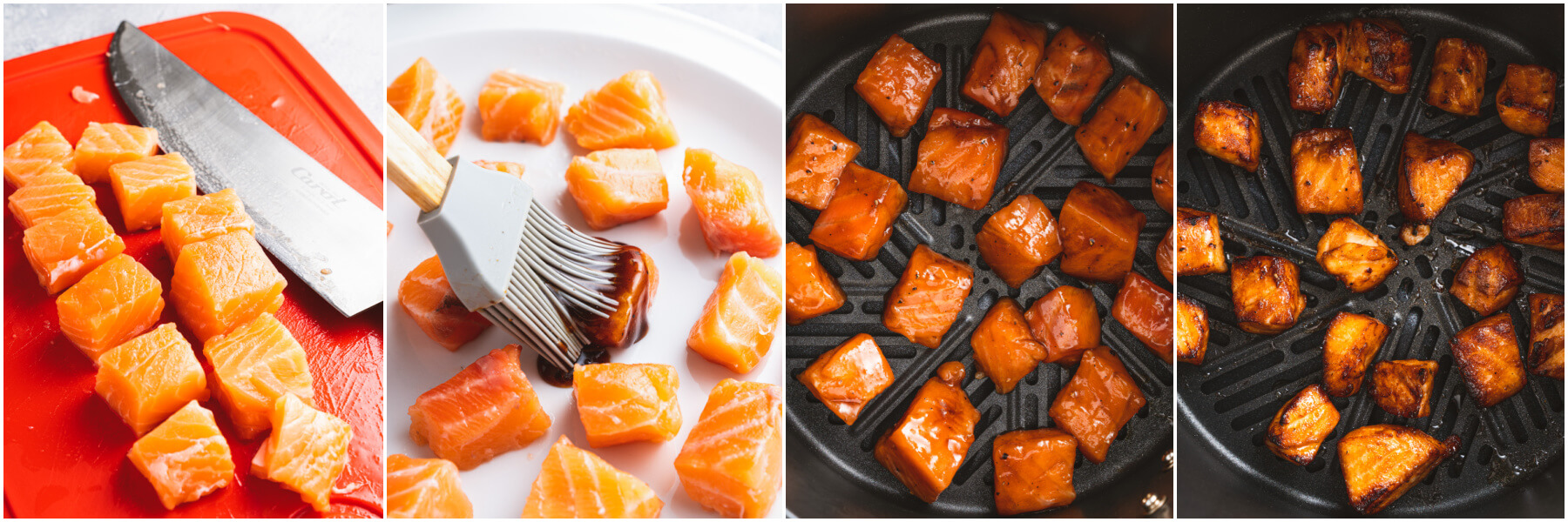 Process images showing how to cut, marinate, and cook air fryer salmon bites.