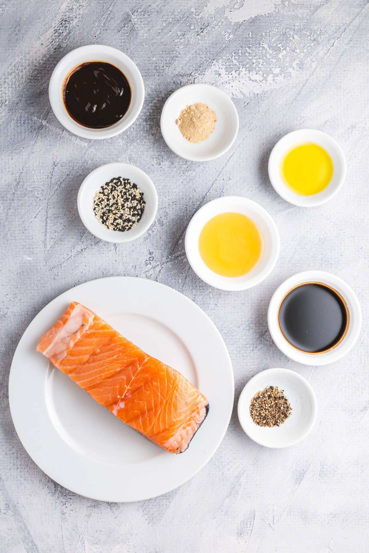 Ingredients required to make air fryer salmon bites with teriyaki glaze. 