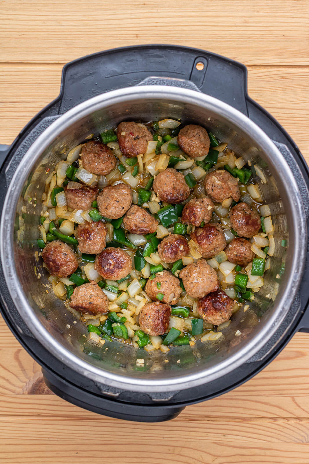 Sautéed chorizo sausage and vegetables in an Instant Pot.