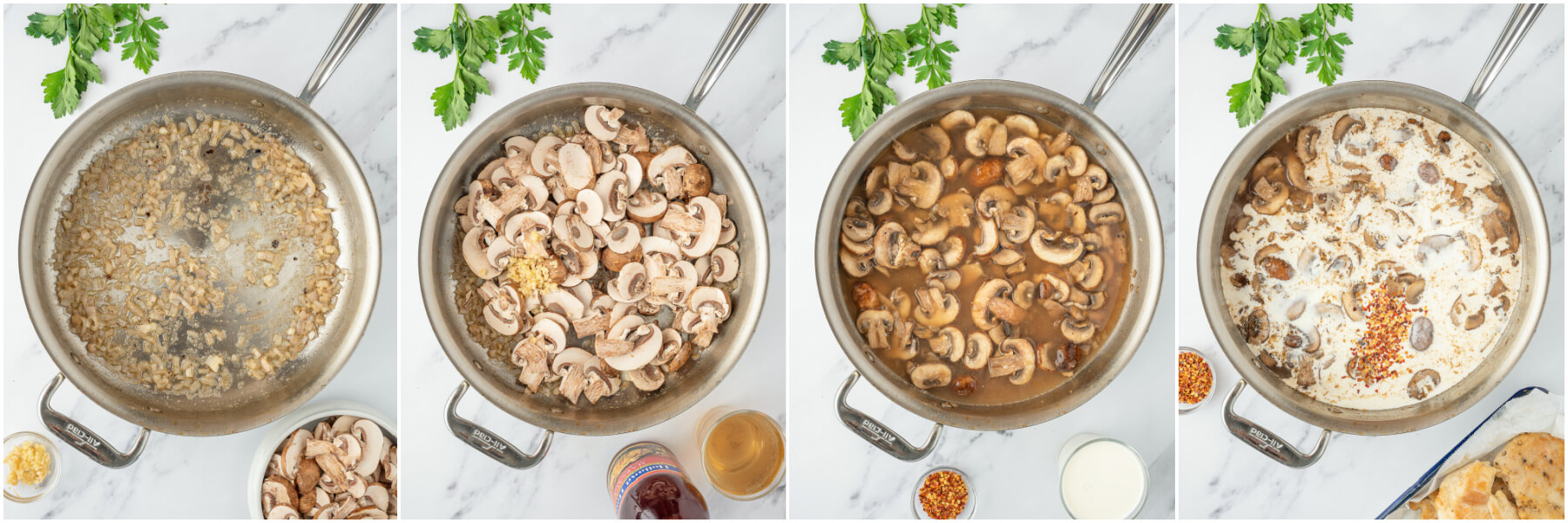 A group of process images showing how to make creamy chicken marsala in one pan.