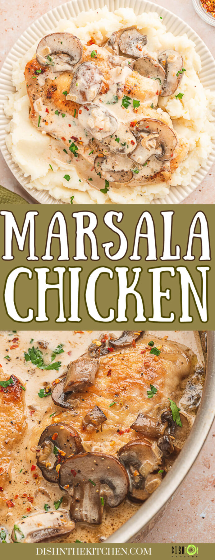 Pinterest images featuring a cooked chicken breast and mushrooms swimming in a saucepan of creamy marsala sauce and being served on mashed potatoes.