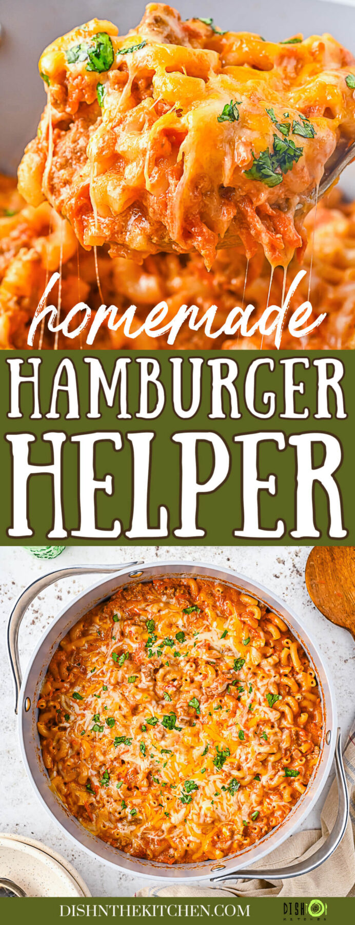 Pinterest image featuring creamy cheesy homemade hamburger helper in a large stainless steel saucepan.