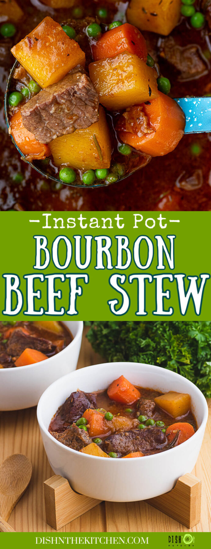 Pinterest image featuring a blue ladle full of beef stew and two white bowls full of Instant Pot Beef Stew.