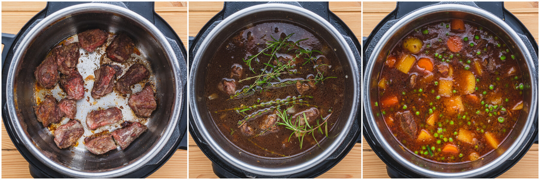 Process images showing how to make beef stew in an Instant Pot.