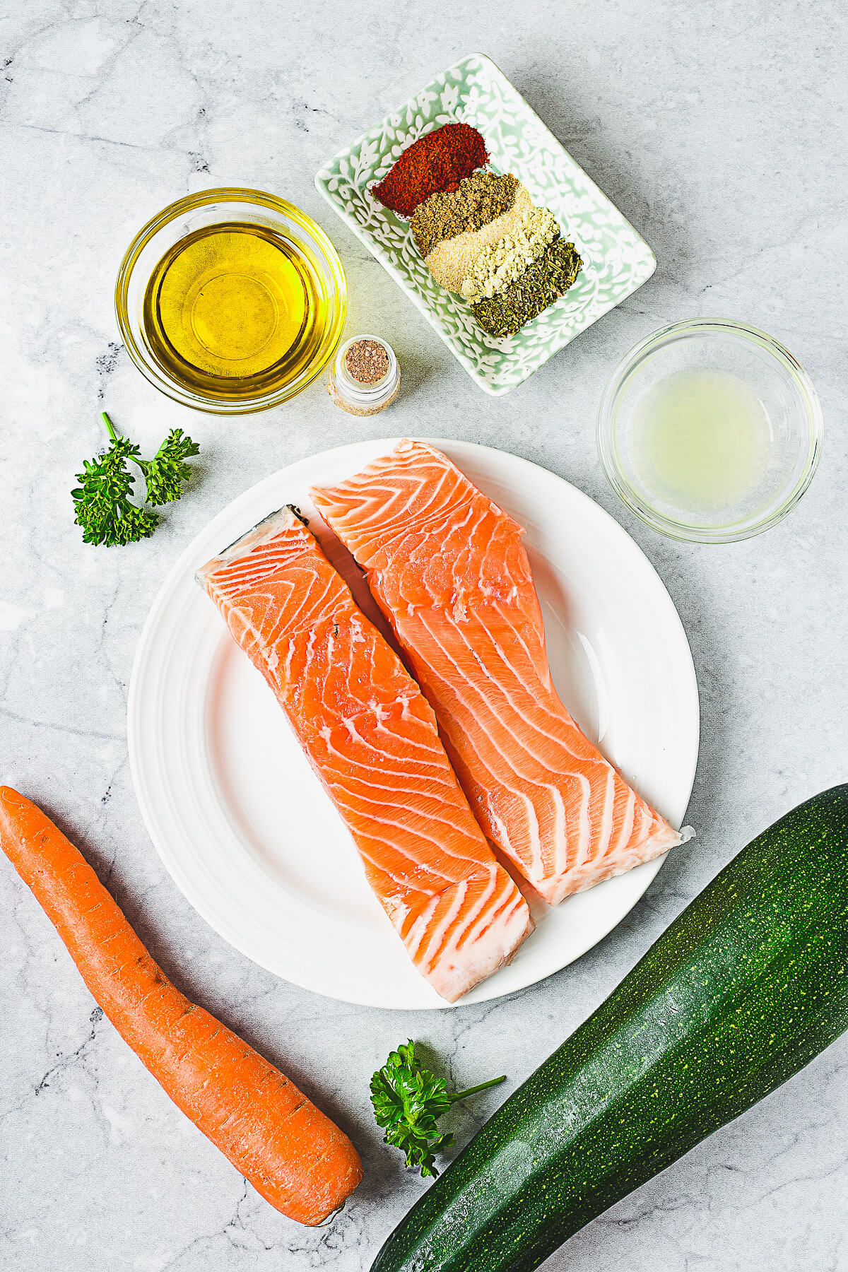Ingredients required for Spiced Salmon Fillets with spiralized vegetables.