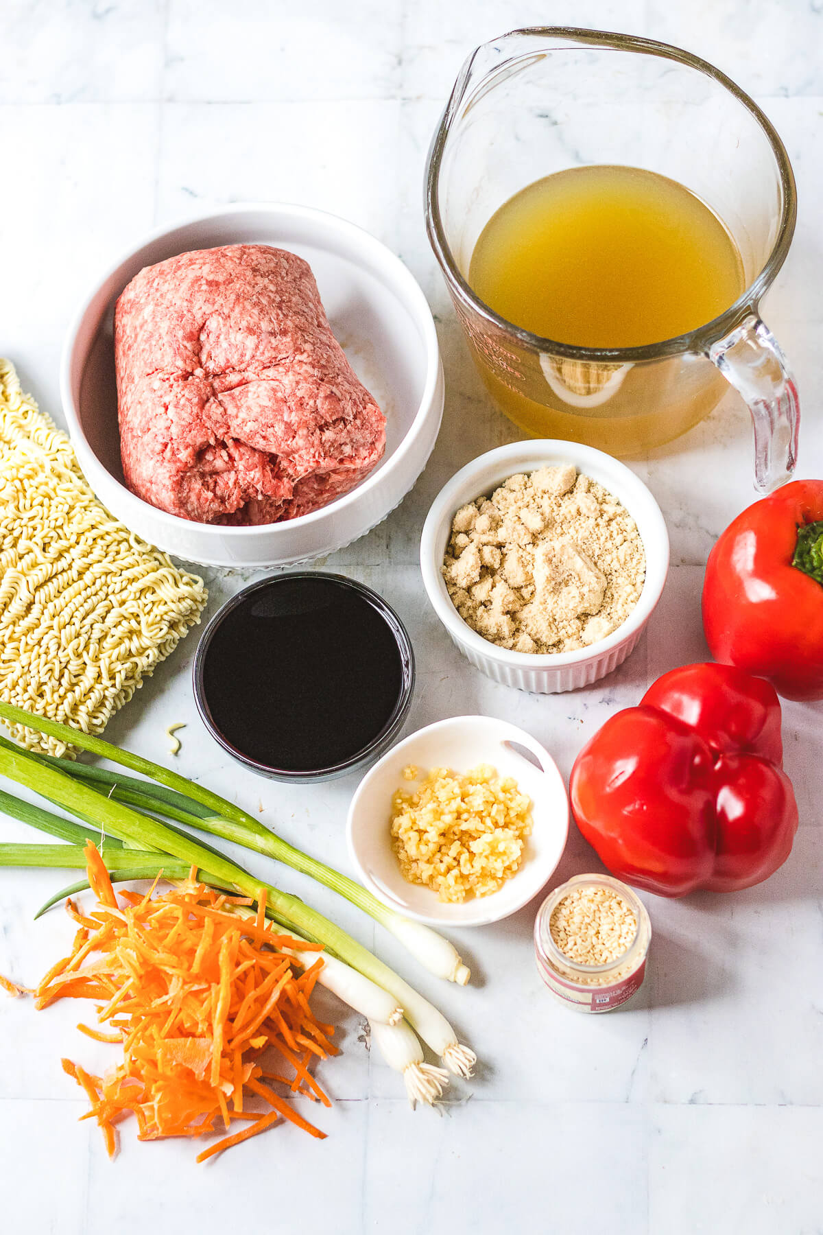 Ingredients required to make Beef Ramen Noodles.