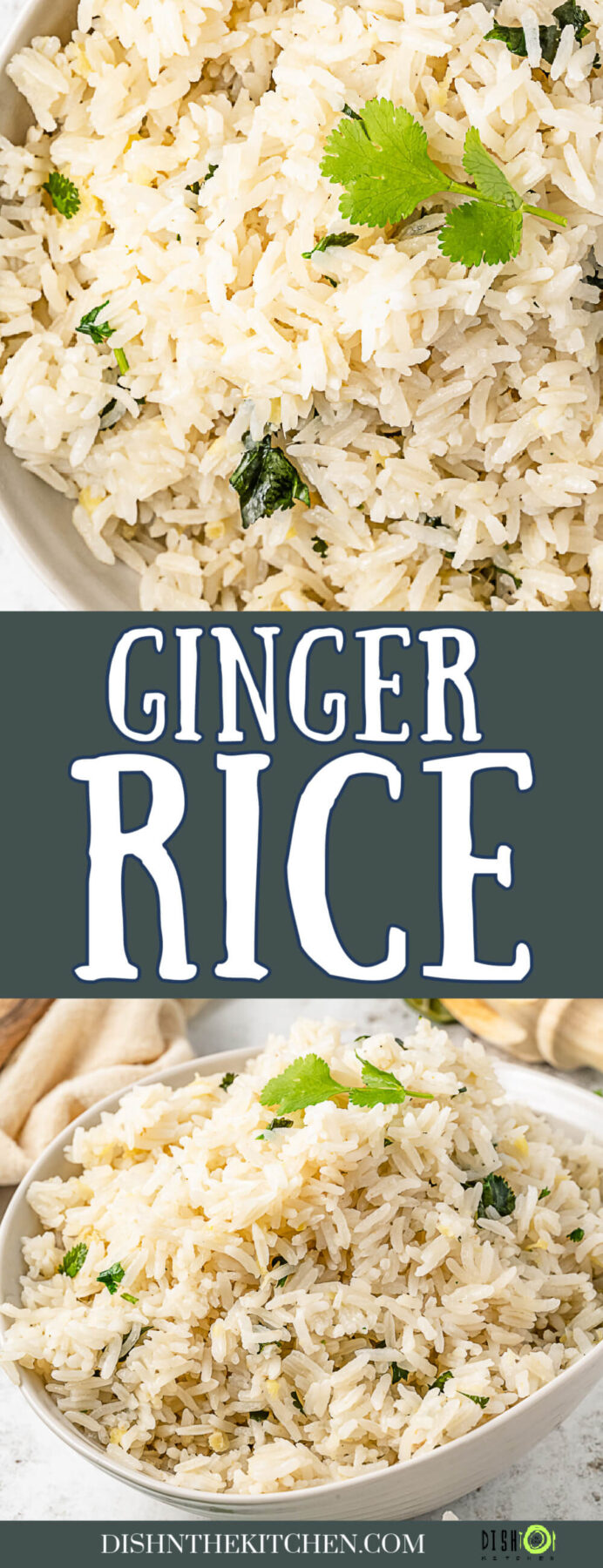 Pinterest image featuring bowls full of Ginger Rice accented by bits of garlic, ginger, and fresh cilantro.