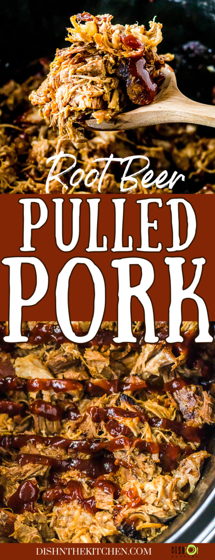 Pinterest image featuring tender pulled pork drizzled with barbecue sauce.