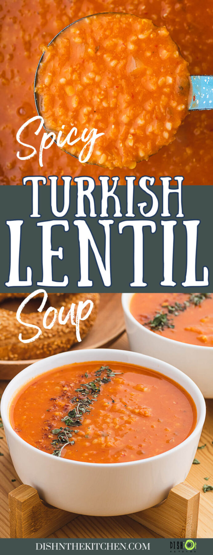 Pinterest image featuring a fiery red Turkish Lentil Soup in a blue ladle and white bowl garnished with mint leaves and red pepper flakes.
