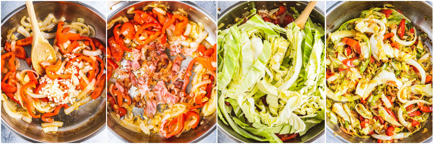 Process images showing the different stages of frying cabbage with bacon.