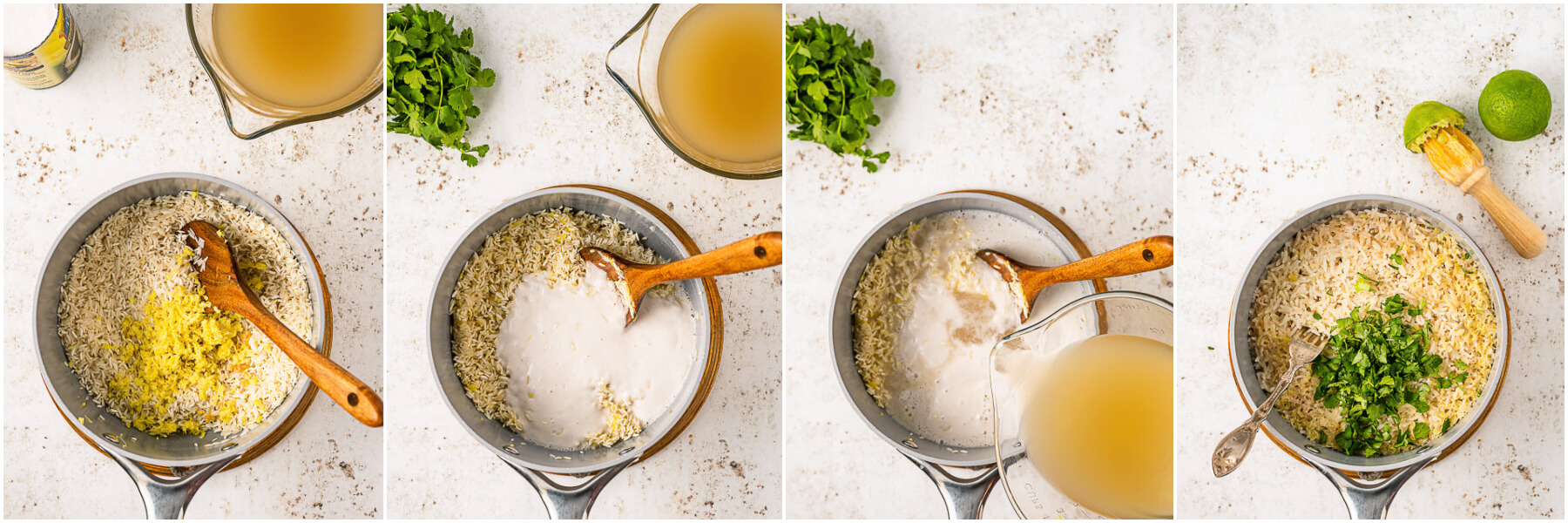 Process images showing how to fry aromatics and how to cook Ginger Rice.