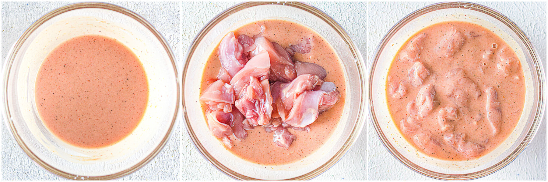 Process images showing how to marinate mochiko chicken.