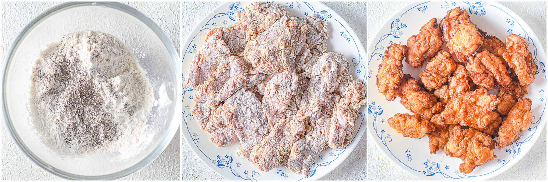 Process images showing how to dredge marinated chicken in mochiko flour.