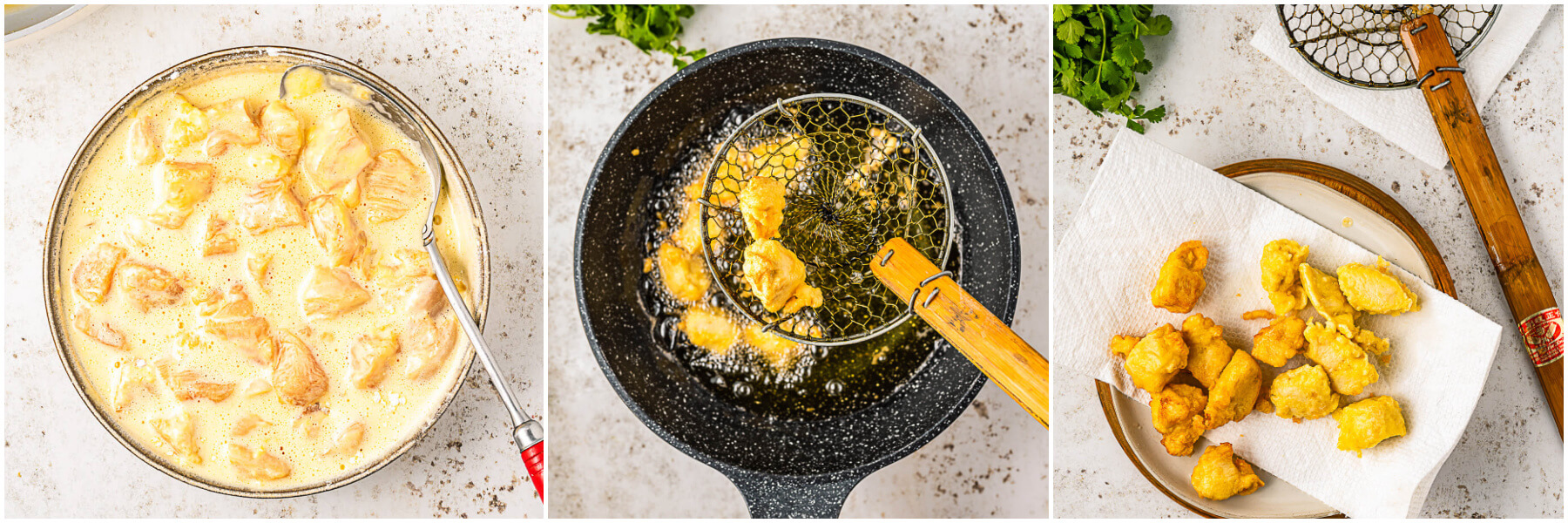 Process images showing how to fry Orange Chicken.