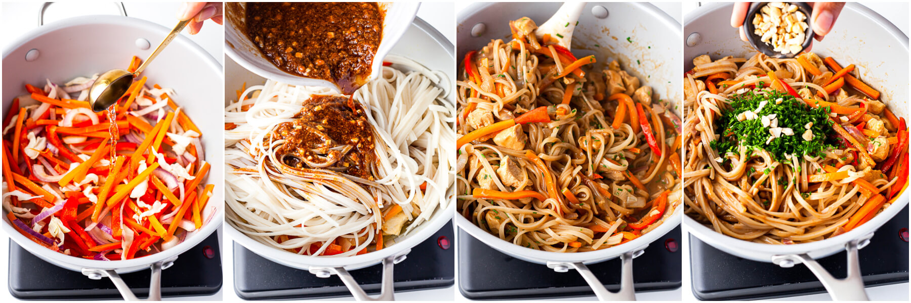A series of process images showing how to make spicy peanut noodles.
