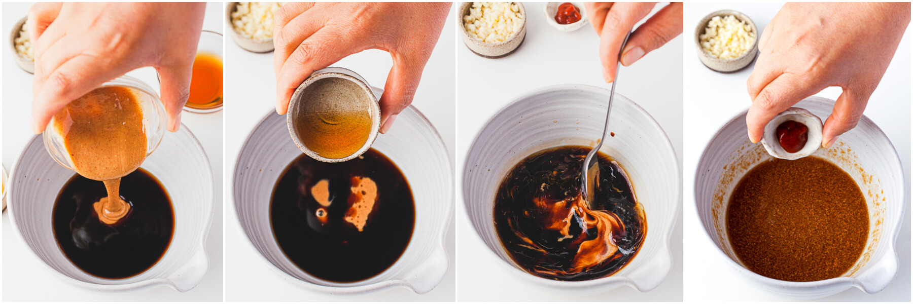 A series of process images showing how to make peanut sauce.