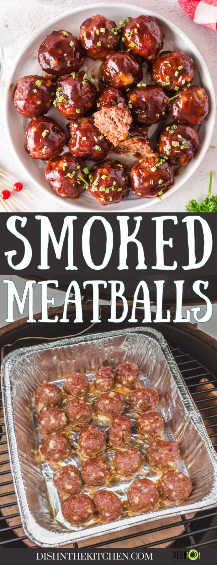 A white bowl filled with Smoked Meatballs glazed in BBQ Sauce.