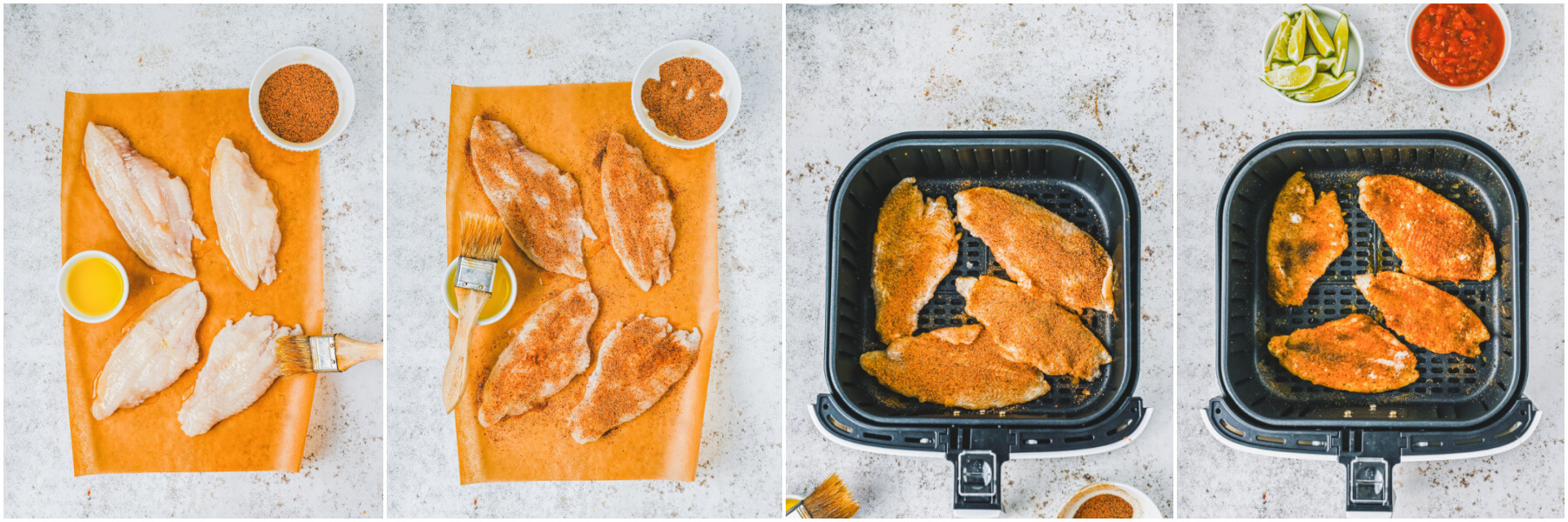 Process images showing how to apply blackening seasoning to fish fillets and how to cook them in an air fryer.