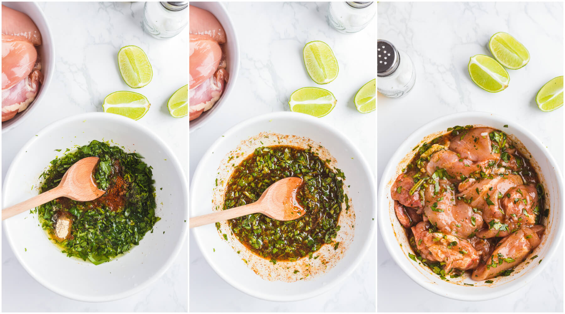 A series of process photos showing how to make a lime and cilantro marinade for chicken.