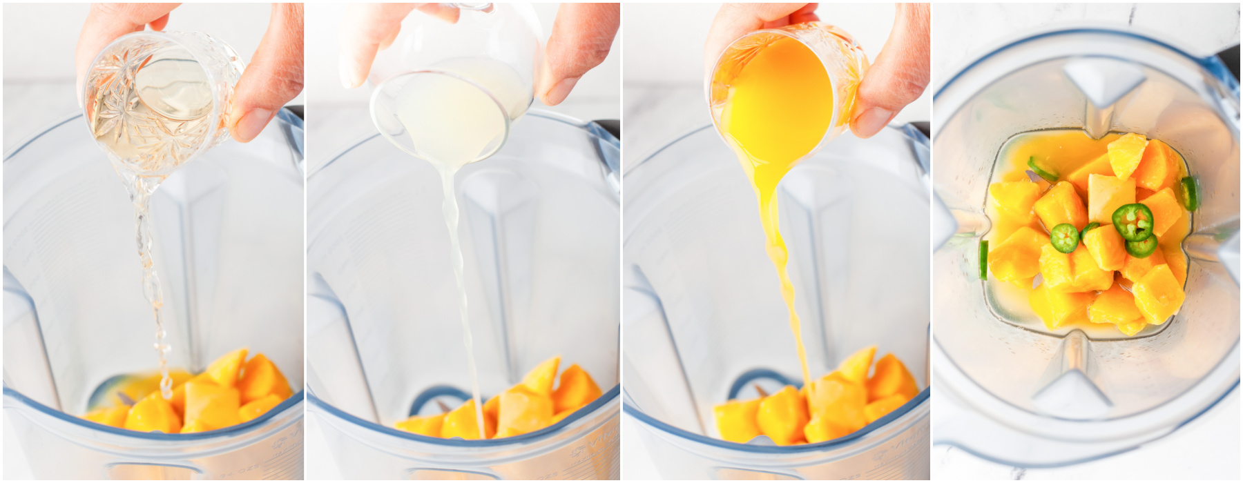 Process photos showing how to make a spicy mango margarita.
