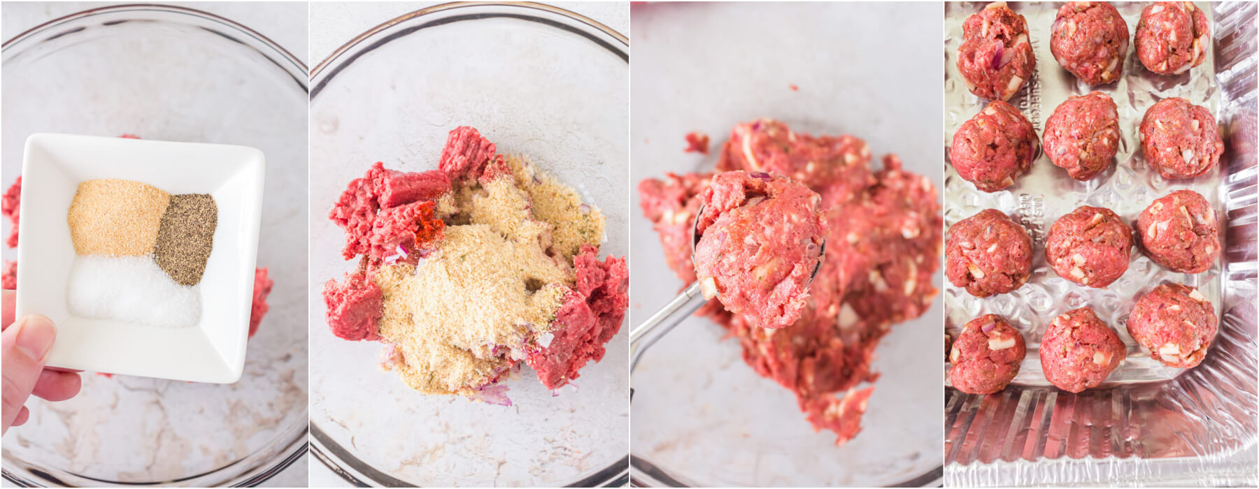 A series of photos showing how to mix up ground beef and make meatballs.